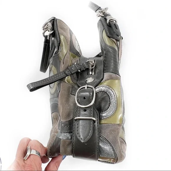 Coach Mia Inlaid C Maggie Leather & Suede Hobo Shoulder Bag, Gray/Silver/Lilac - Picture 12 of 17